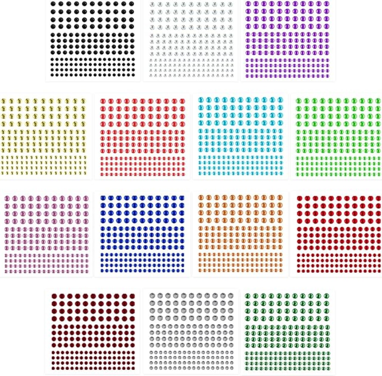2408 Pieces Self-Adhesive Rhinestone Stickers – Set of 14 Assorted Sheets, Stick-on Gems for Parties, Face, Nails, Body, Makeup, DIY Crafts, and Card Making, 14 Colors in 3mm, 4mm, 5mm